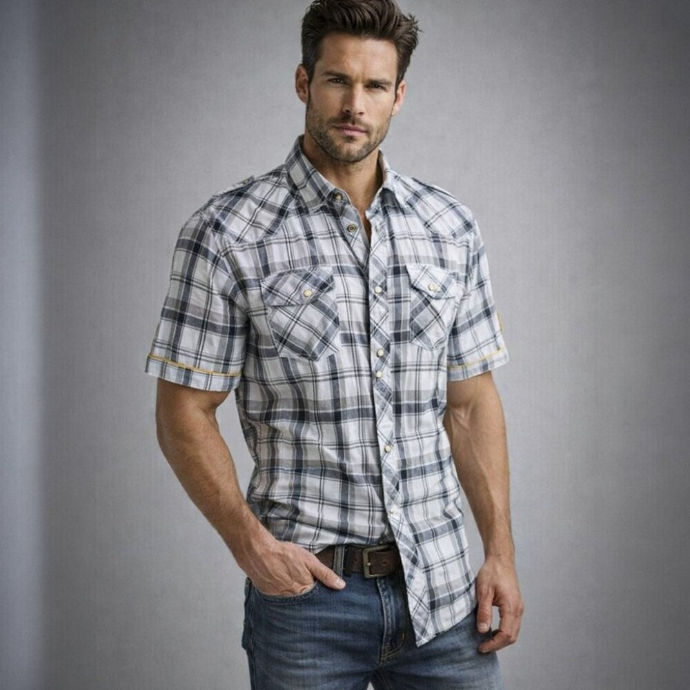 Buffalo David Bitton Short Sleeve Button Down Plaid Black & White Shirt Size XL